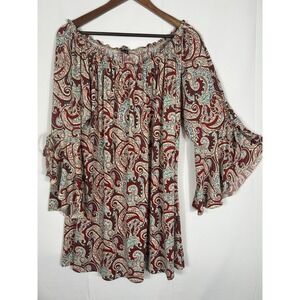 Lildy Womens Liquid Knit Tie Sleeve Tunic Top 2X/3X Stretch Boho Paisley Floral